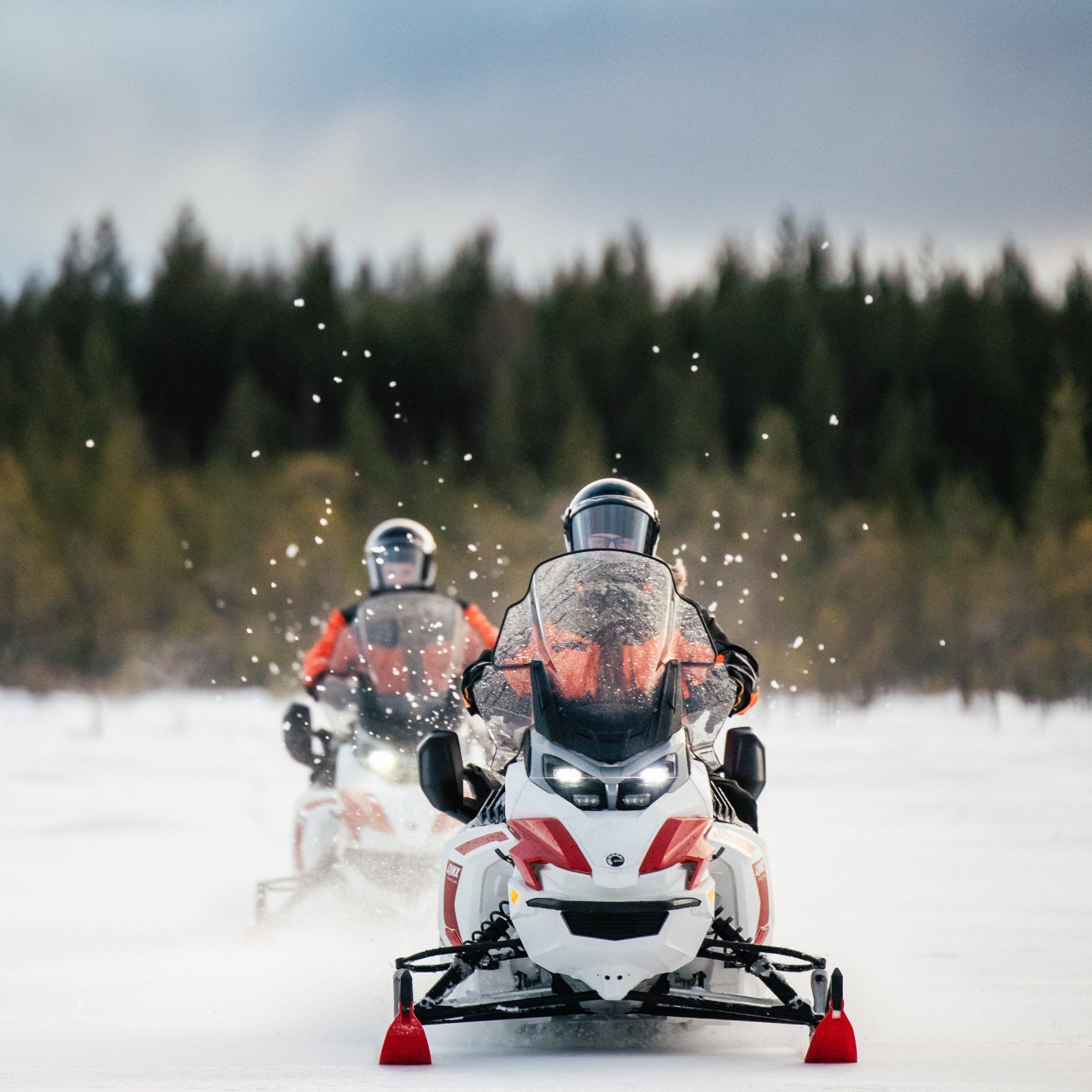 3 h electric snowmobile safari in Rovaniemi through snowy Lapland forest with riders on white snowmobiles.