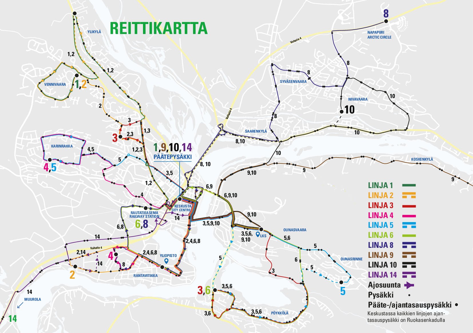 Map showing routes and stops of Public transport Rovaniemi operated by Linkkari buses, Rovaniemi City.