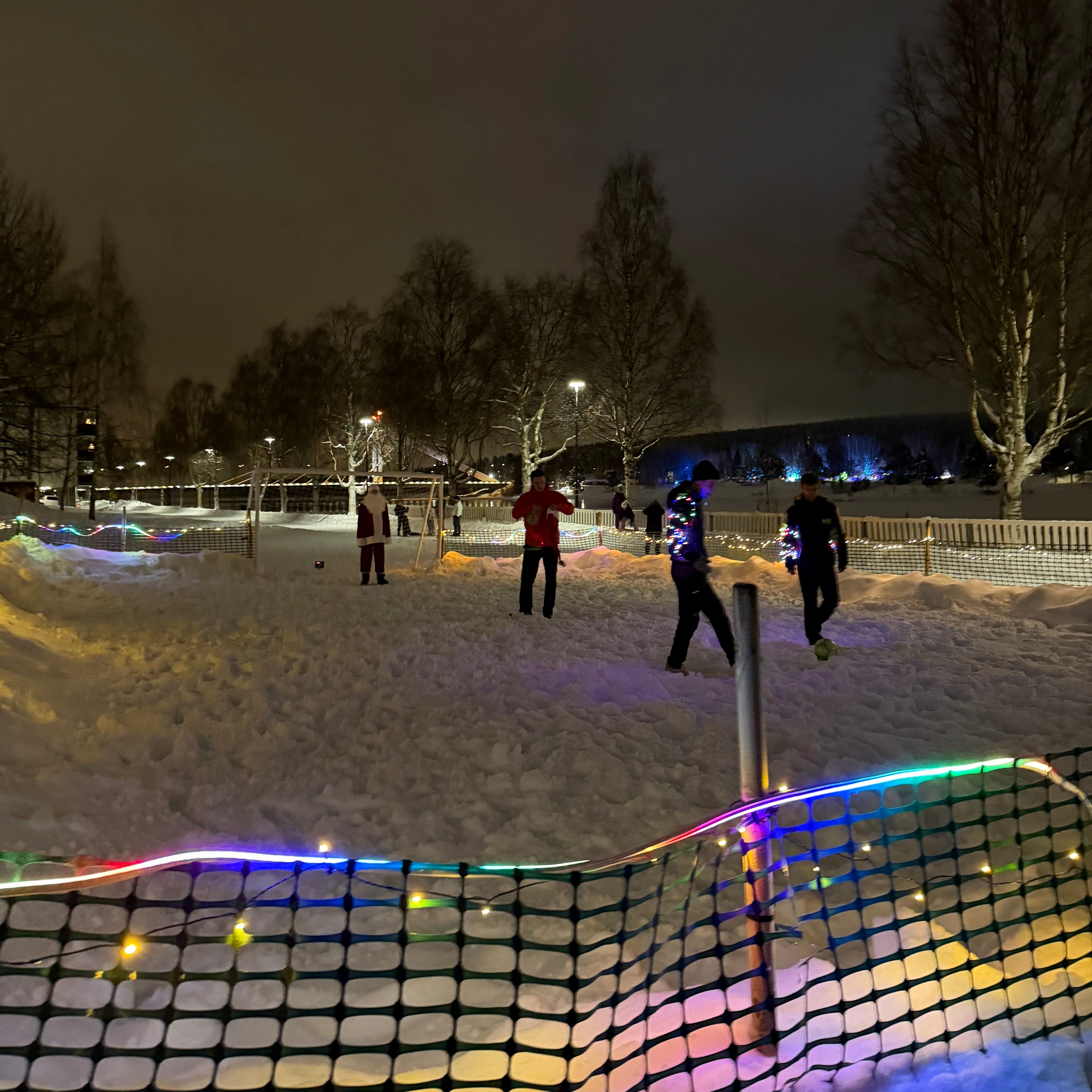 People playing in a snowy park at night with colorful lights.