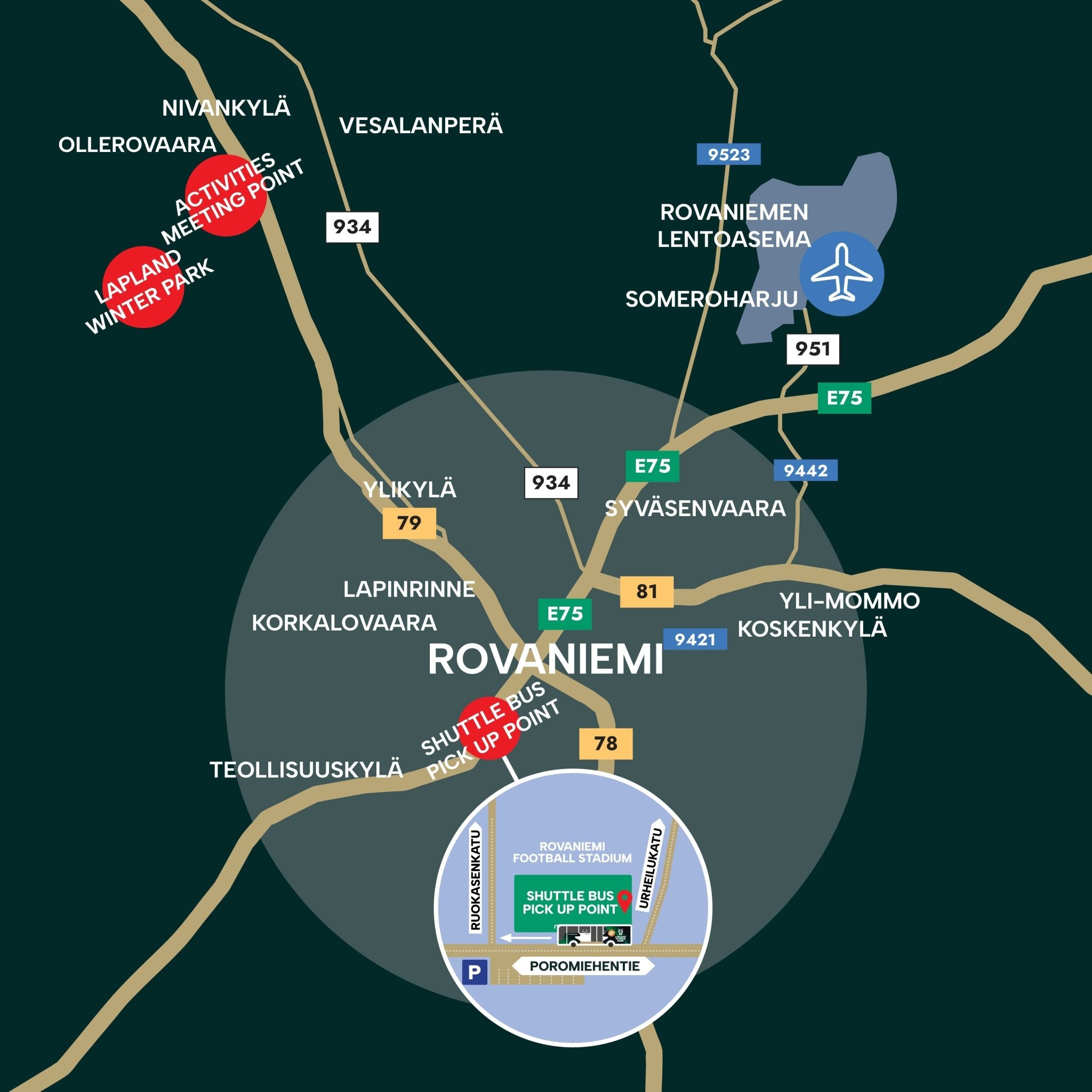 Map of Rovaniemi with various locations marked, including a shuttle bus pick-up point.