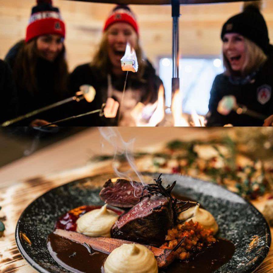 Steak dish with side dishes on a wooden table, people in the background