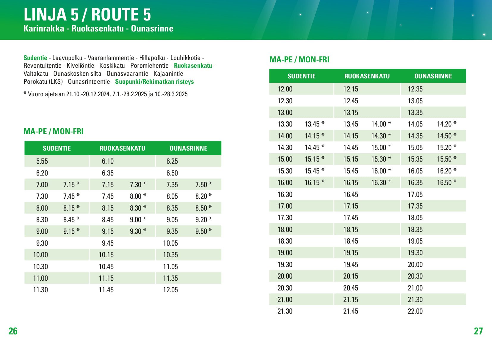 Bus timetable for route 5 in Rovaniemi’s public transport system, Public transport Rovaniemi, Rovaniemi City.