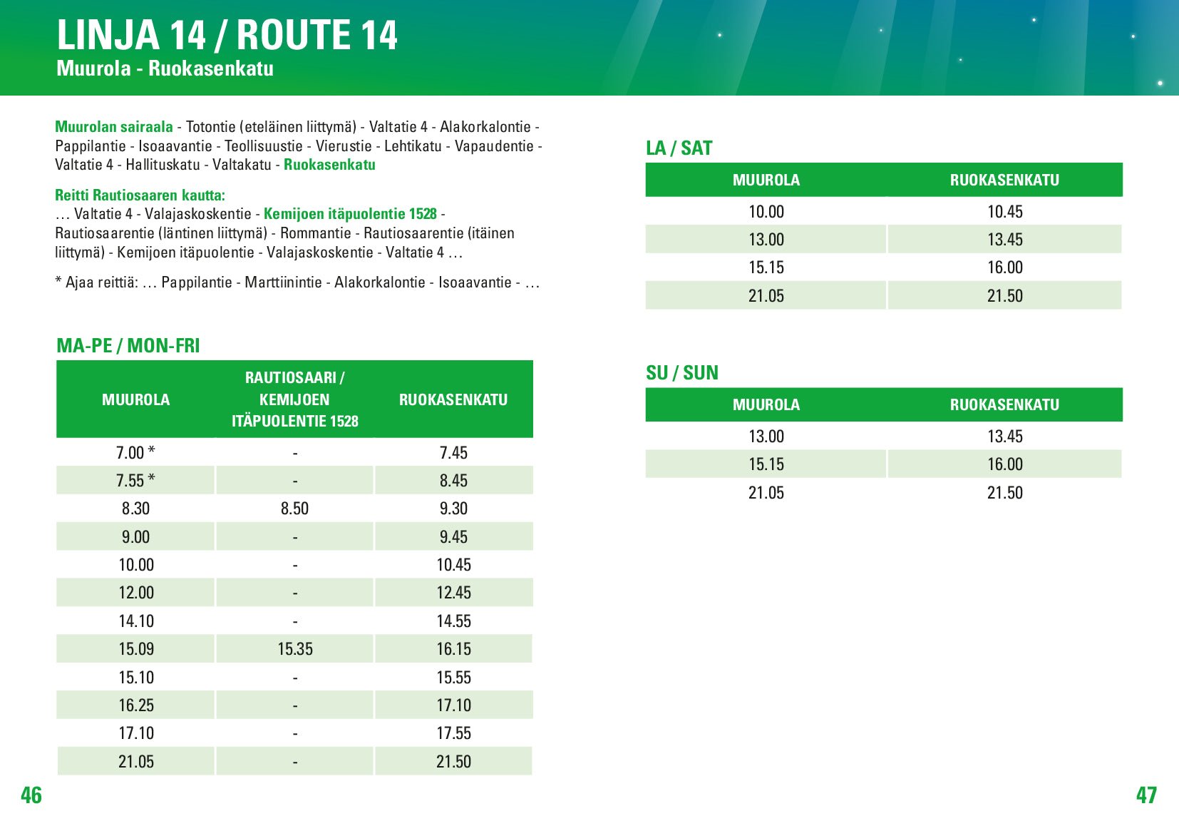Public transport Rovaniemi Route 14 timetable for Muurola to Ruokasenkatu by Rovaniemi City