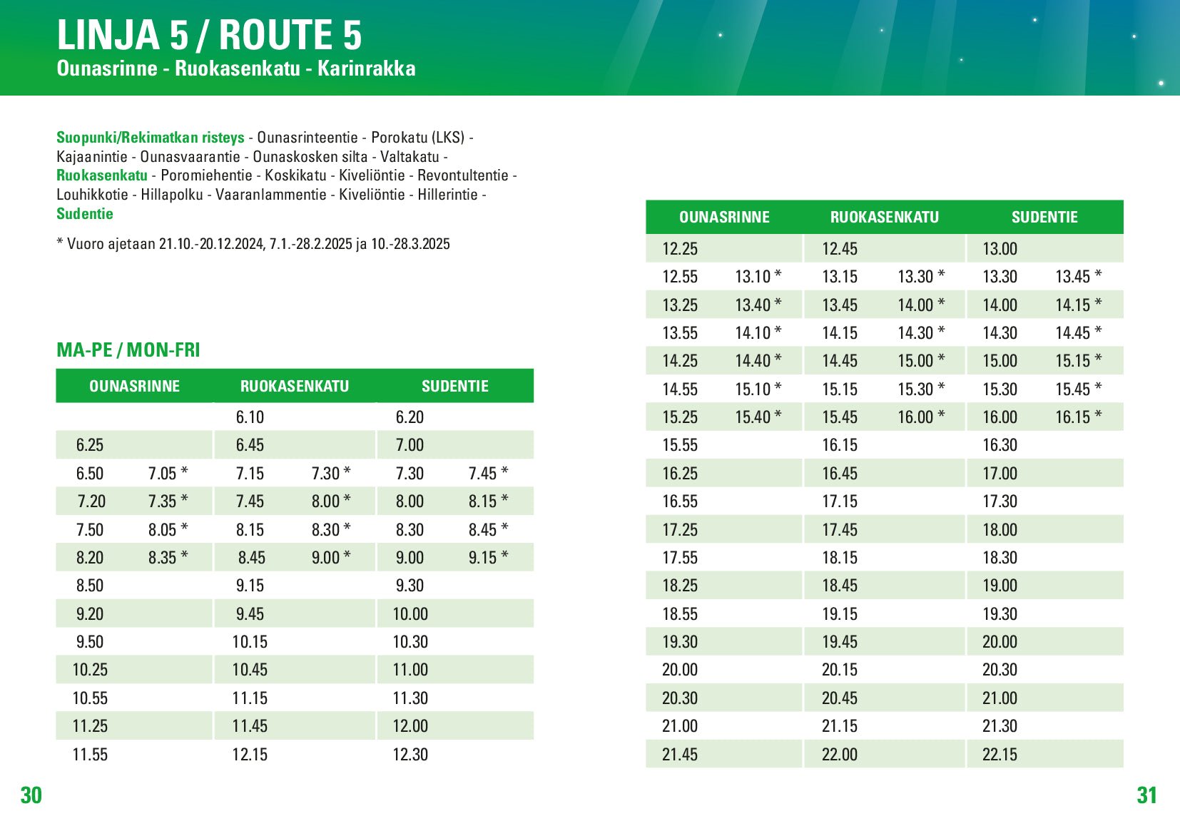 Public transport Rovaniemi bus timetable for Route 5 showing schedules for Ounasrinne, Ruokasenkatu, and Sudentie stops