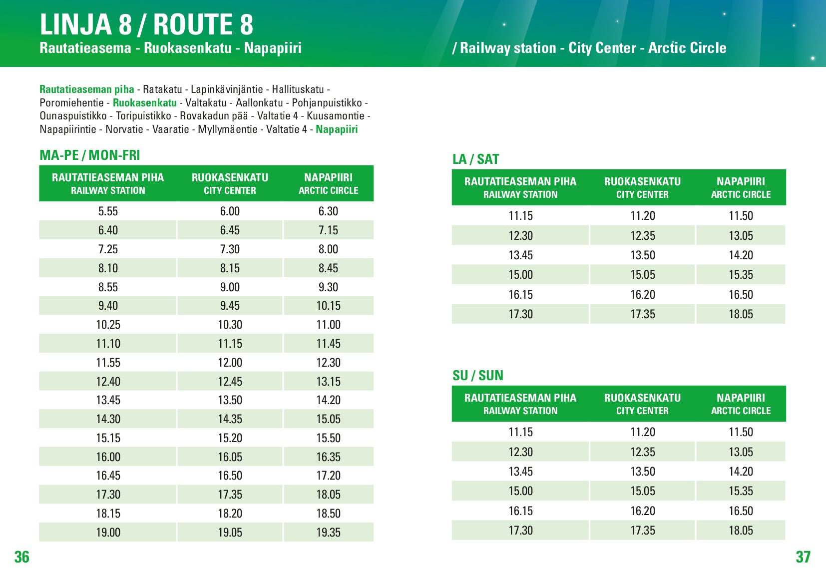 Public transport Rovaniemi bus schedule for Route 8 covering key stops by Rovaniemi City