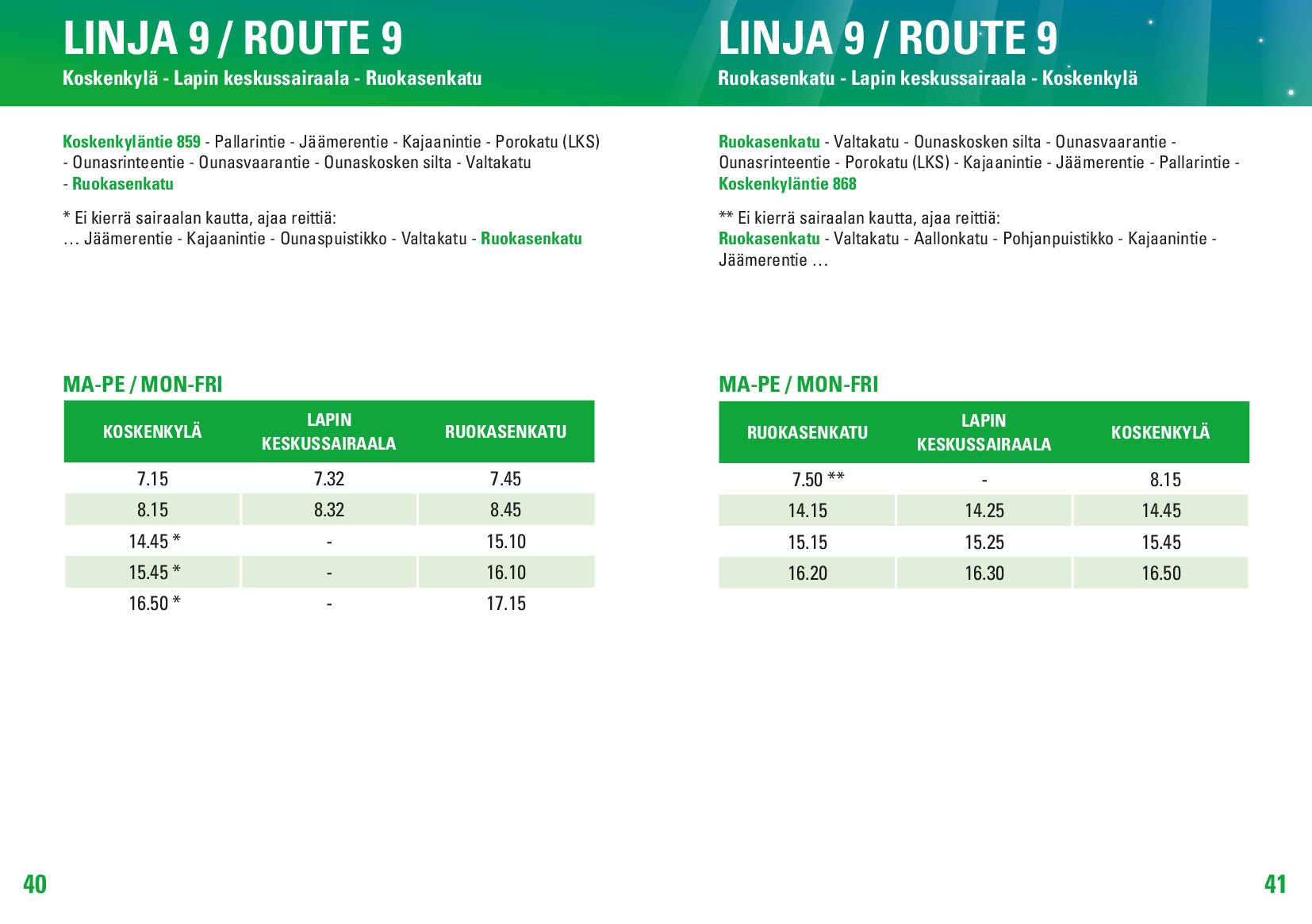 Public transport Rovaniemi Route 9 bus timetable showing stops and schedules for weekdays, Rovaniemi City