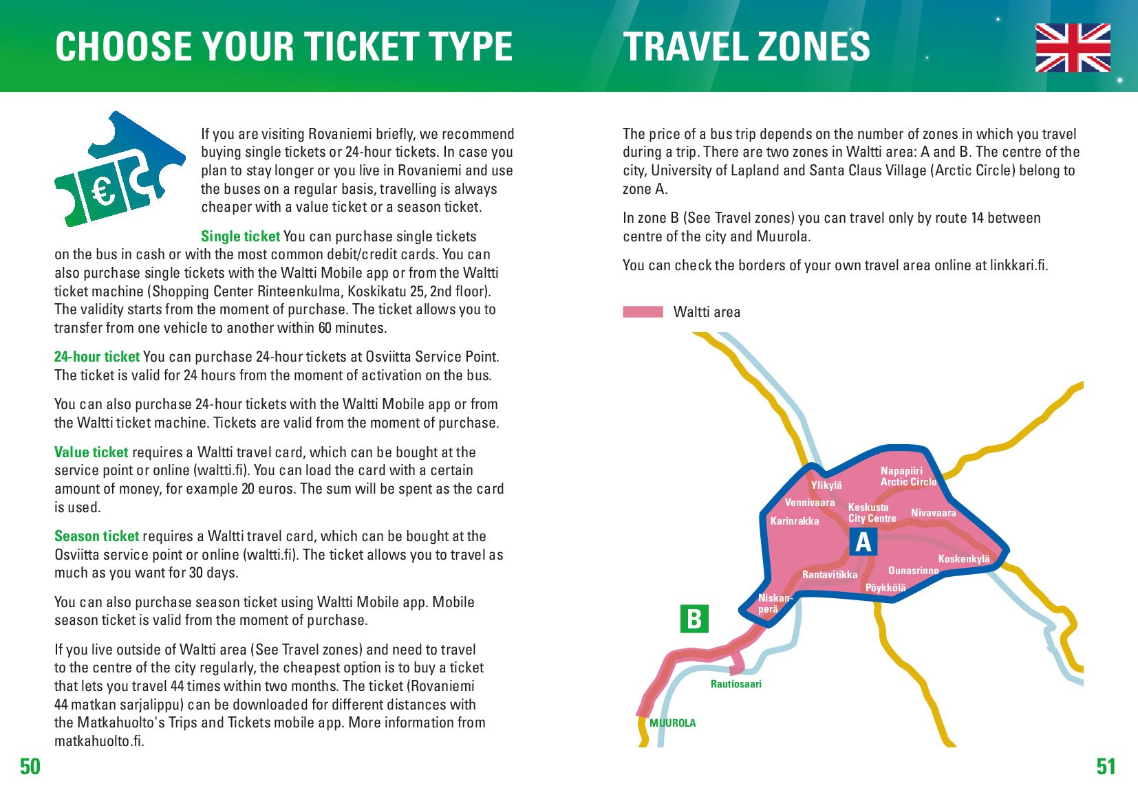 Public transport Rovaniemi bus ticket types and travel zones map for Linkkari buses by Rovaniemi City