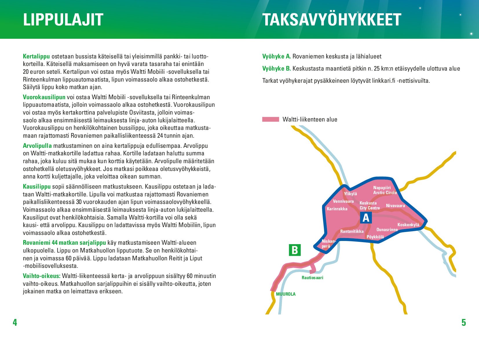 Map showing ticket types and fare zones for public transport in Rovaniemi from Rovaniemi City, product title Public transport