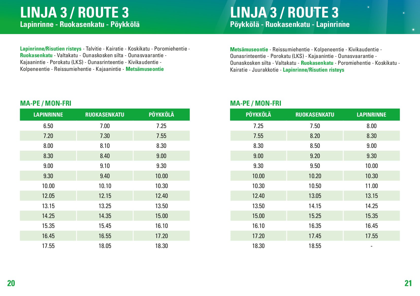 Public transport Rovaniemi Route 3 bus timetable for weekdays with stops at Lapinrinne and Ruokasenkatu by Rovaniemi City