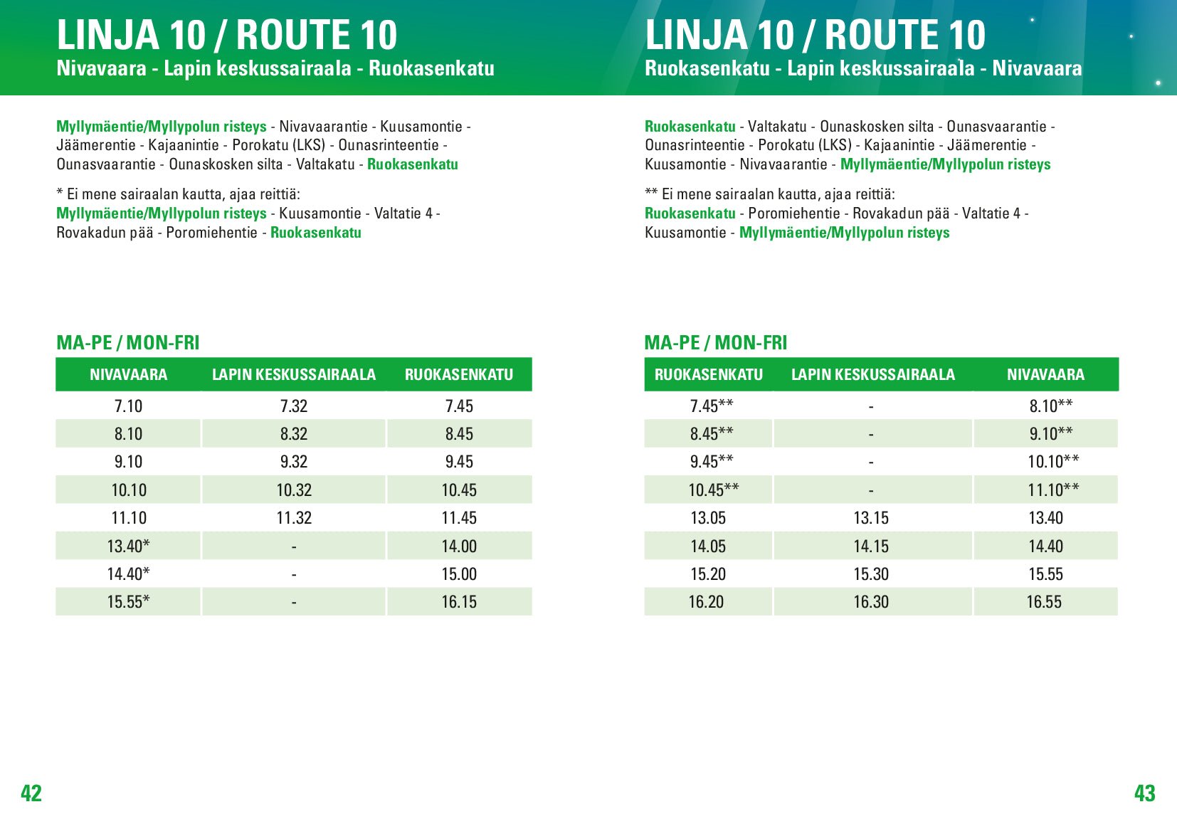 Public transport Rovaniemi Route 10 bus timetable showing stops and times for Linkkari buses by Rovaniemi City