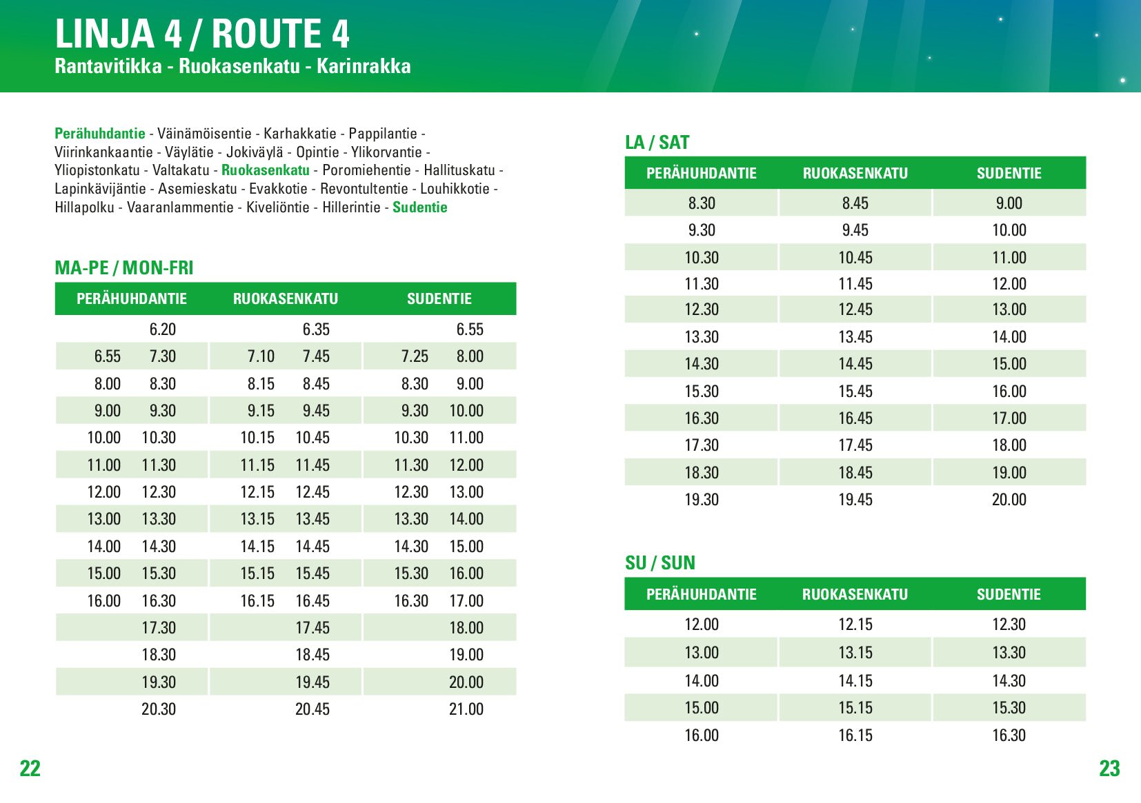 Public transport Rovaniemi Route 4 timetable showing bus departure times, Rovaniemi City.