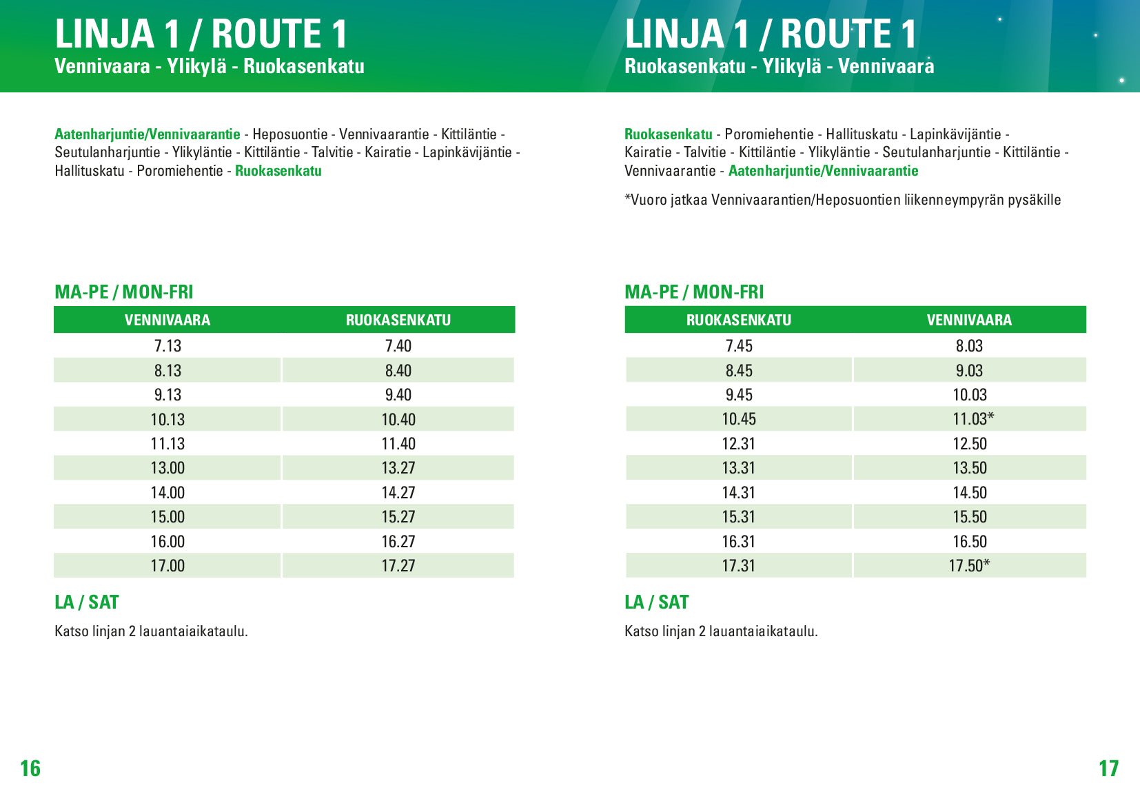 Public transport Rovaniemi Route 1 timetable showing bus schedules for weekdays and Saturdays, Rovaniemi City