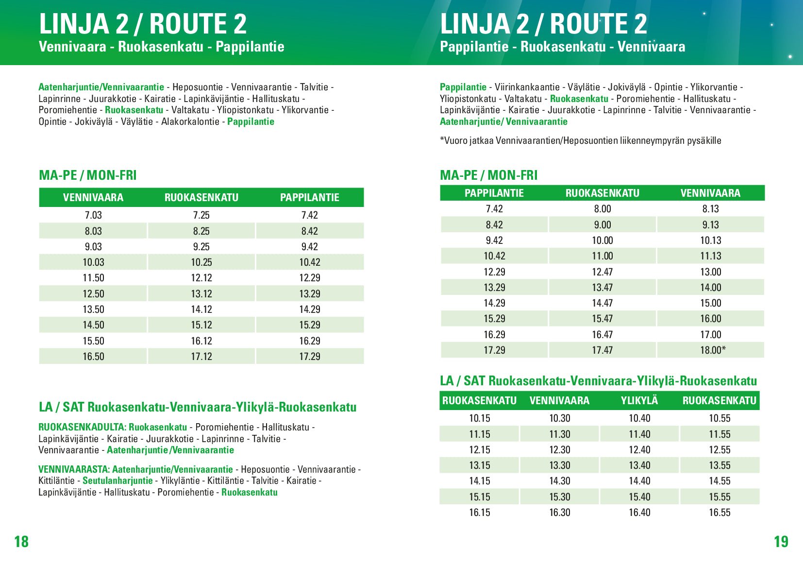 Public transport Rovaniemi bus route schedules for Linkkari Route 2 from Vennivaara to Ruokasenkatu by Rovaniemi City