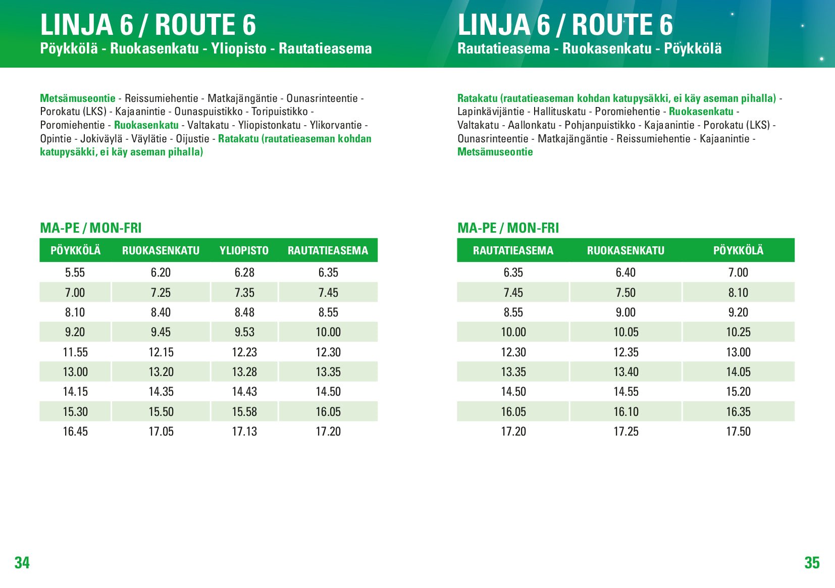 Public transport Rovaniemi bus route 6 schedule with stops including railway station and university by Rovaniemi City