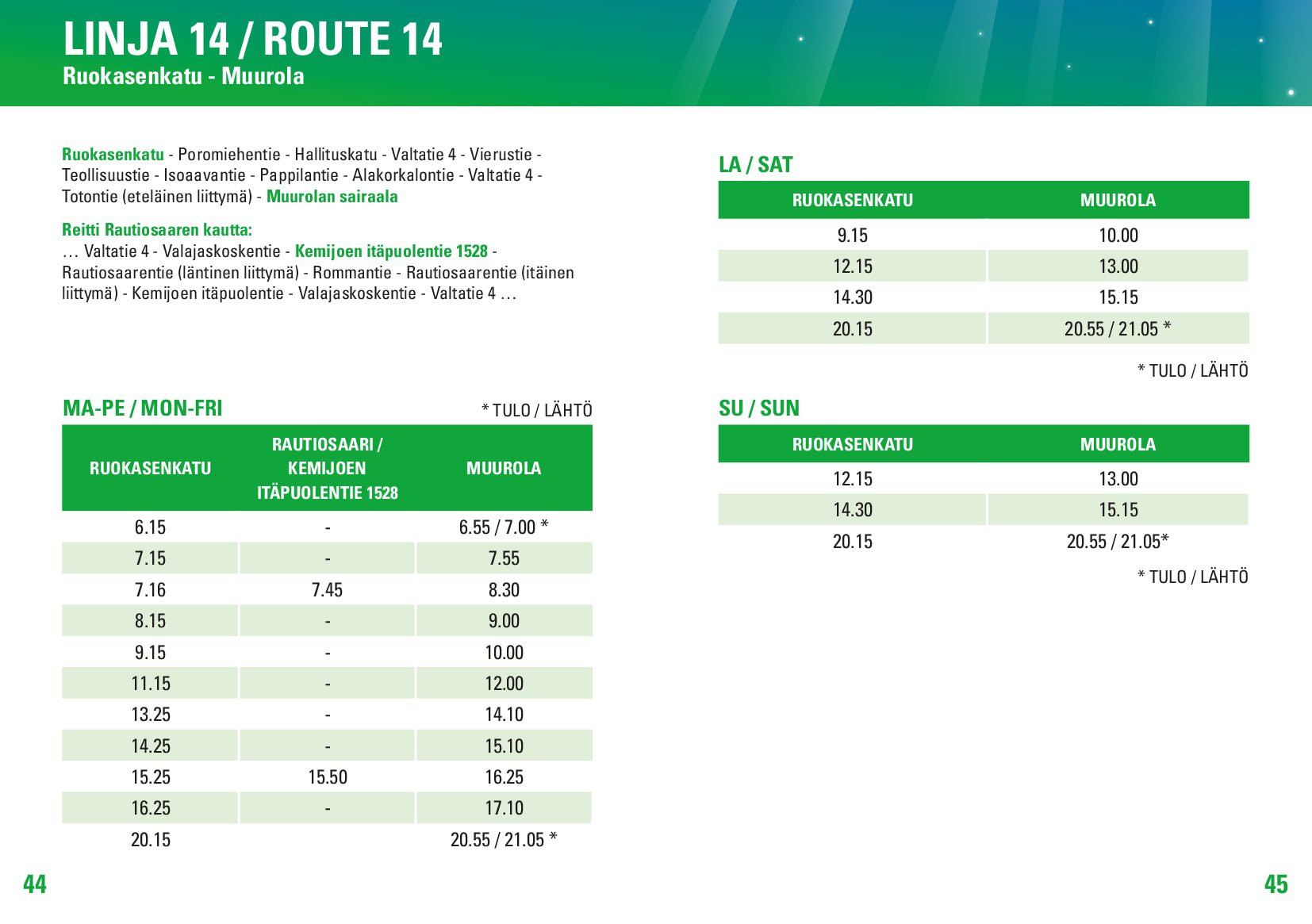 Rovaniemi public transport schedule for Route 14 showing bus times and stops, product Public transport Rovaniemi,