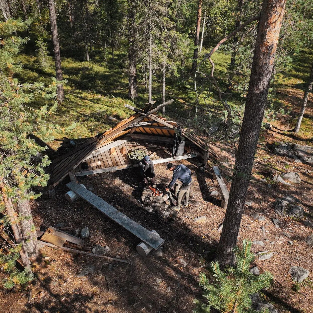 Two people gathering firewood in a Finnish forest during Magical Forest Hiking Adventure by Pure Lapland