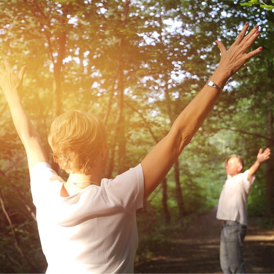 Two people practicing Nature Yoga & Mindfulness in a sunlit forest, fostering calm and connection, Lapin Väki.