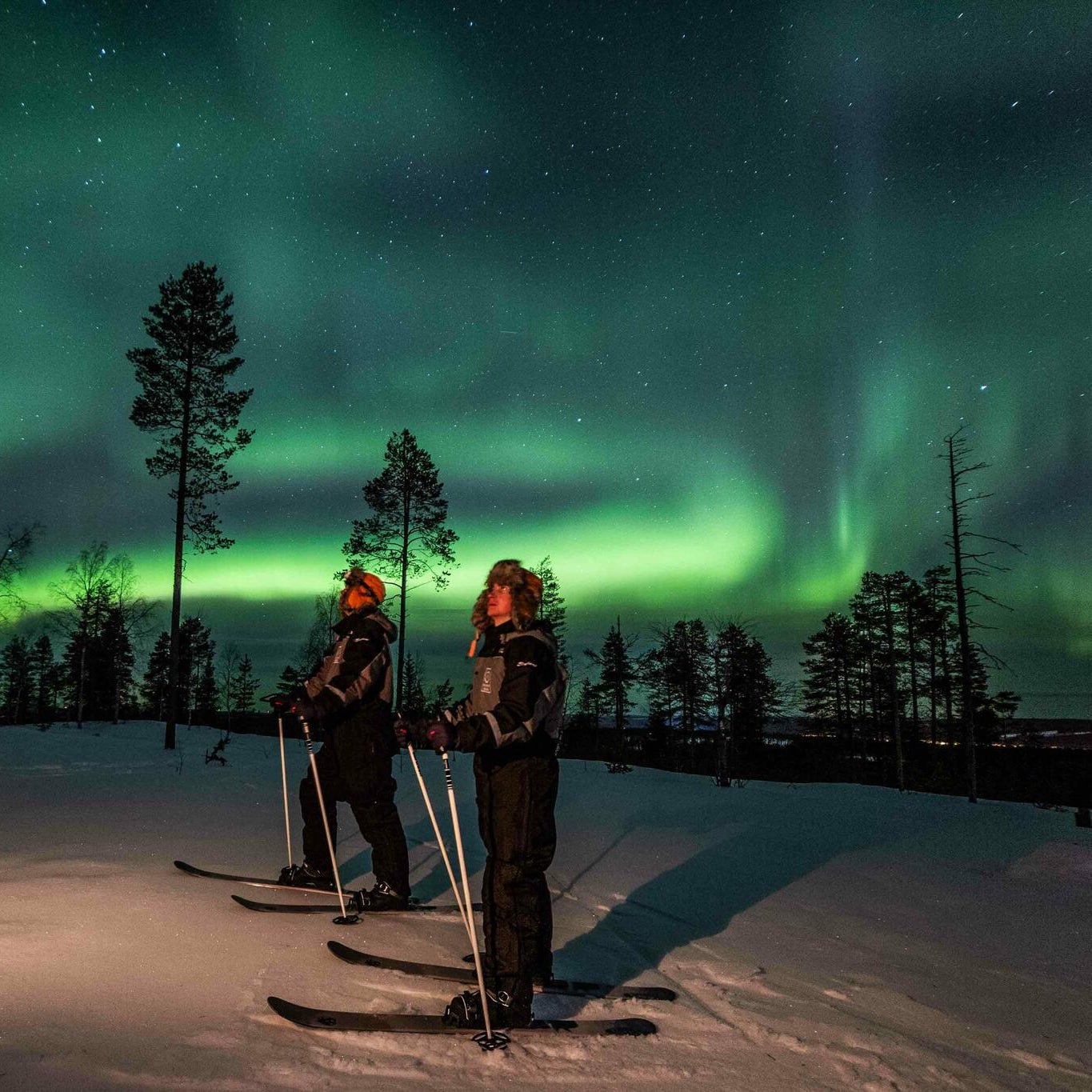 Northern Lights skiing adventure night time with skiers under aurora borealis in snowy Arctic forest Beyond Arctic