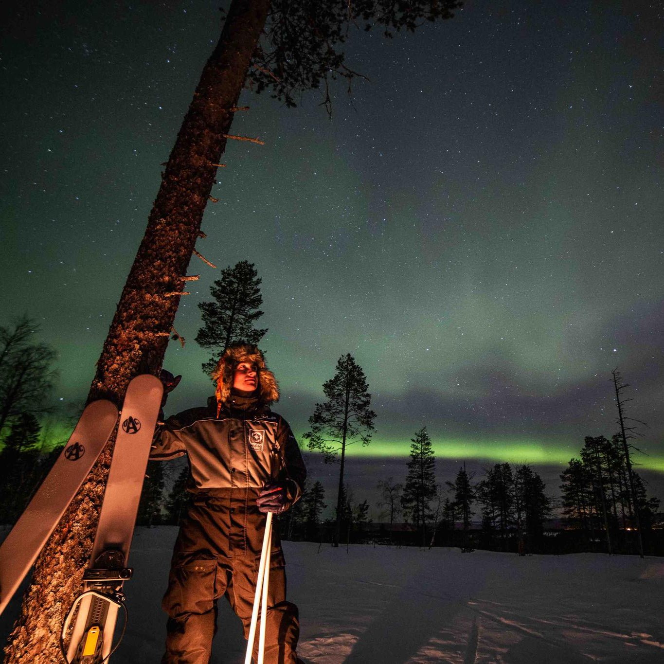 Northern Lights skiing adventure night time with skier under aurora borealis in forest Beyond Arctic
