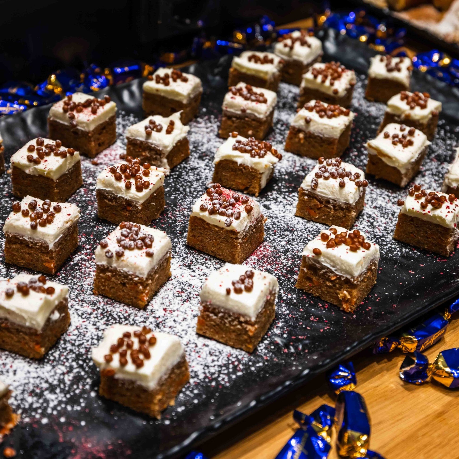 Close-up of mini Scandinavian desserts with cream and chocolate, Santa's Cuisine Restaurant by Santa Claus Holiday Village