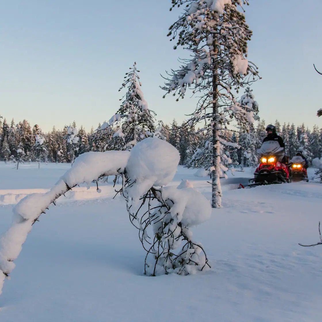 Snowmobile Safari for Adults riding through snowy forest trails in Rovaniemi with Safartica guide leading the way Safartica